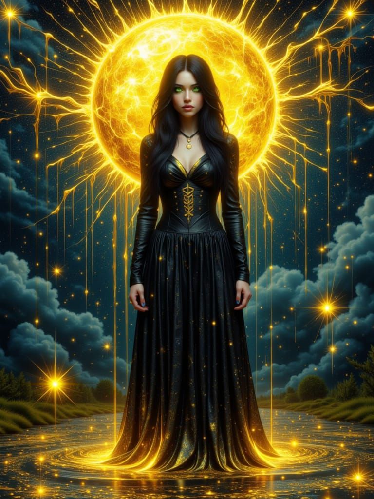 Gothic Woman in Golden River Surrealism