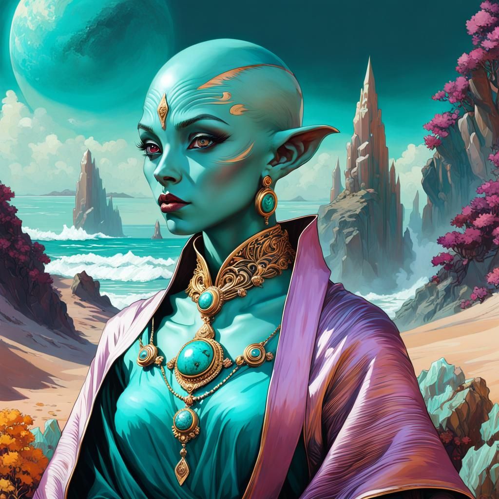 Turquoise Goblin Warlock Portrait in Art Nouveau Style