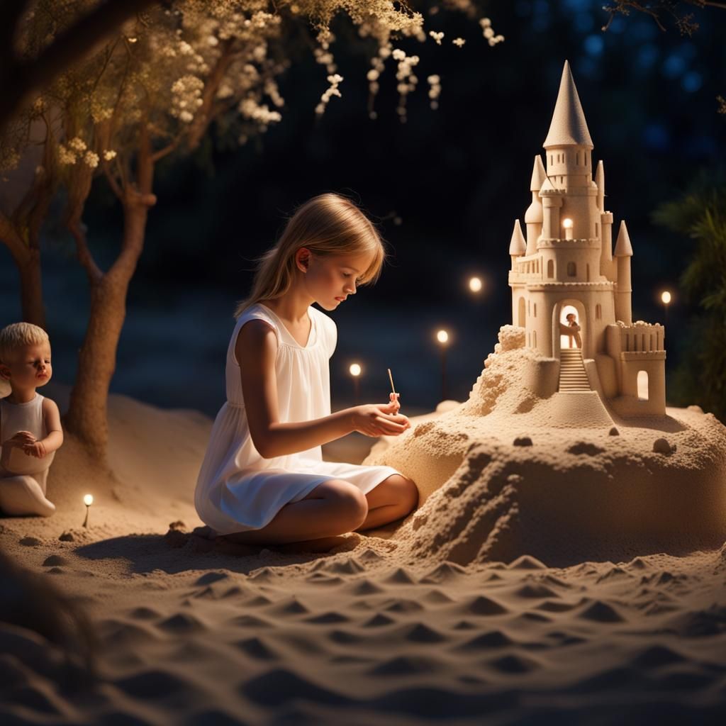 Hyperrealistic Sandcastle Scene in Garden