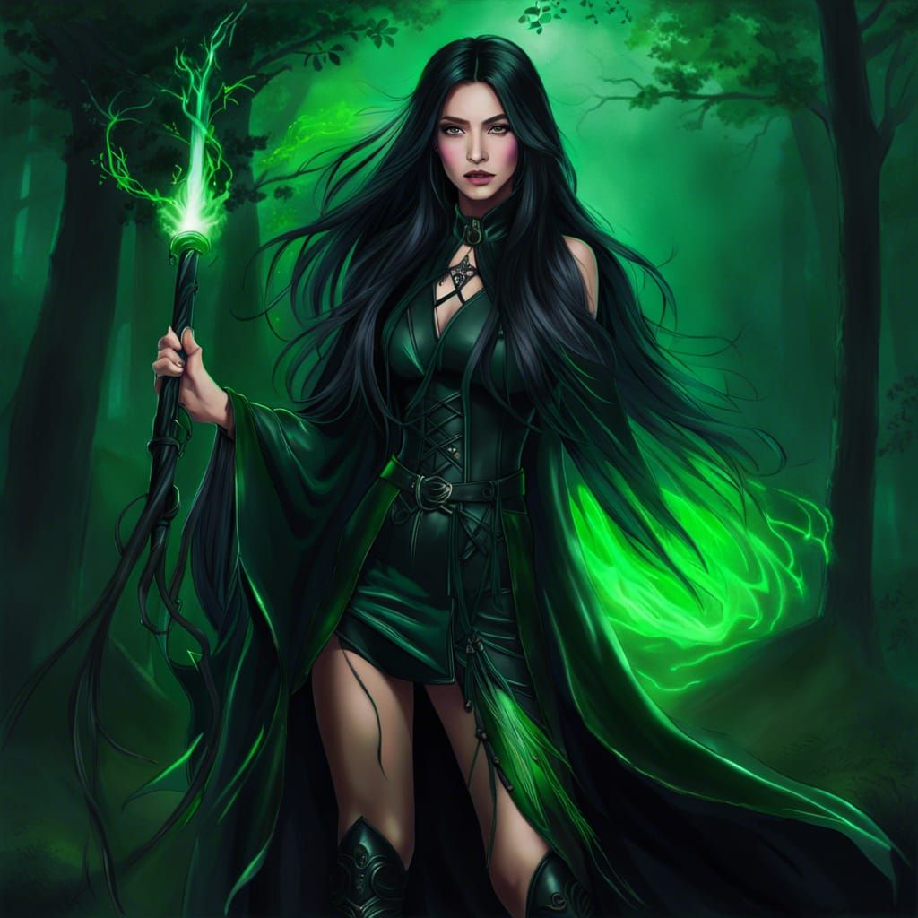 Magical Asian Woman with Neon Green Magic