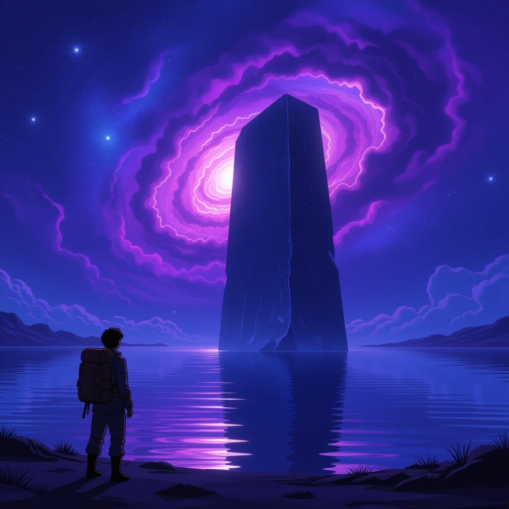Explorer Gazes at Alien Monolith by Nebula Lake