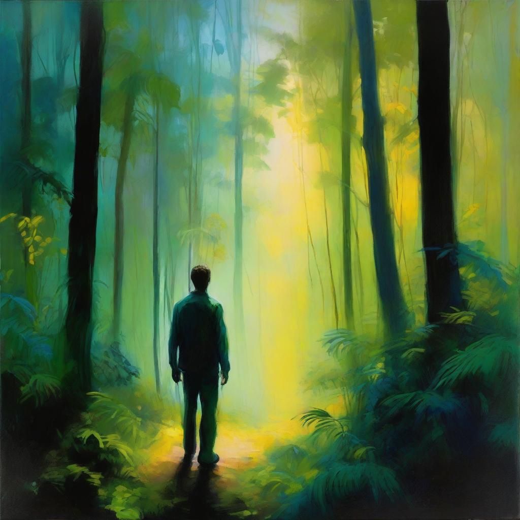 Man in Rainforest: Moody Impressionistic Landscape