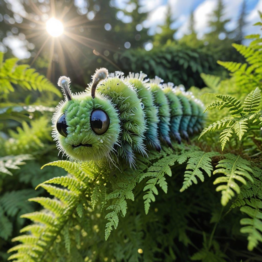 Cute Fuzzy Caterpillar Gazes at Sky Reflection