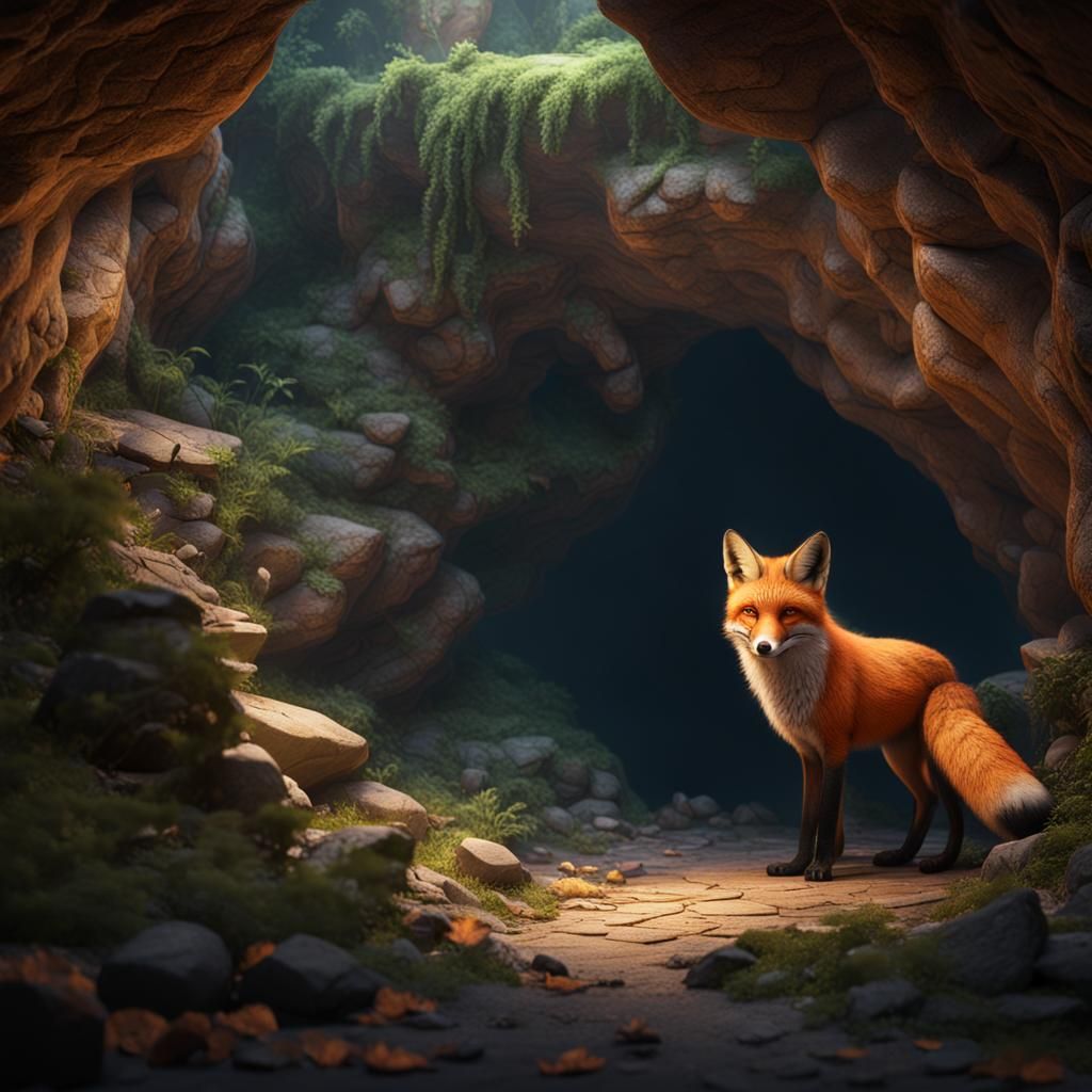 Fox Lurking in Cave: Detailed Fantasy Concept Art