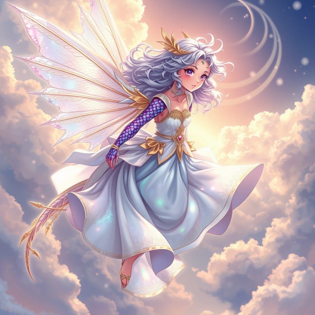Anime Angel Soars Amidst Iridescent Clouds