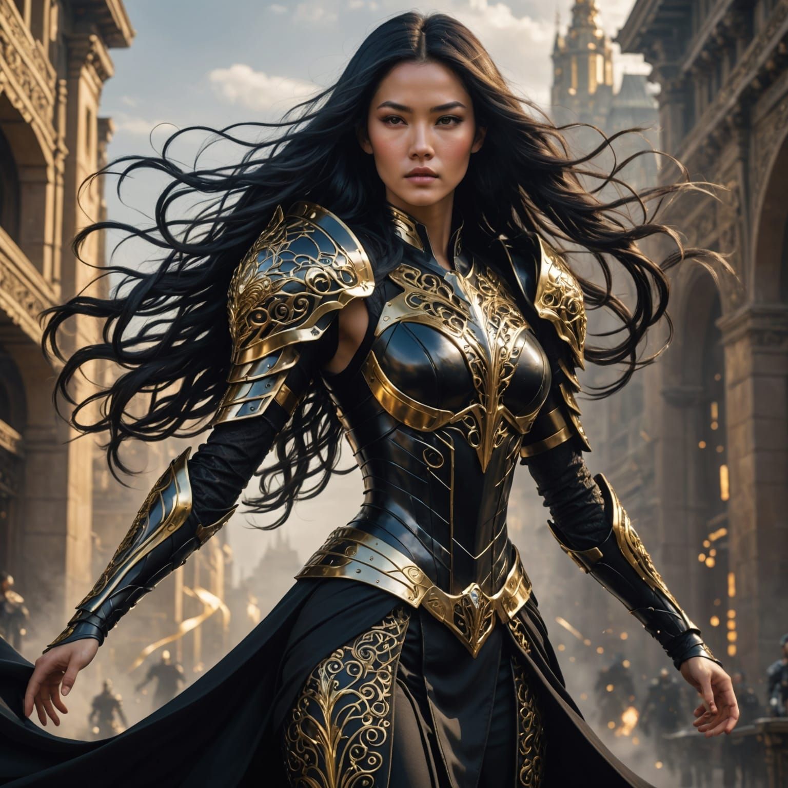 Futuristic Cyberpunk Warrior in Golden Cityscape