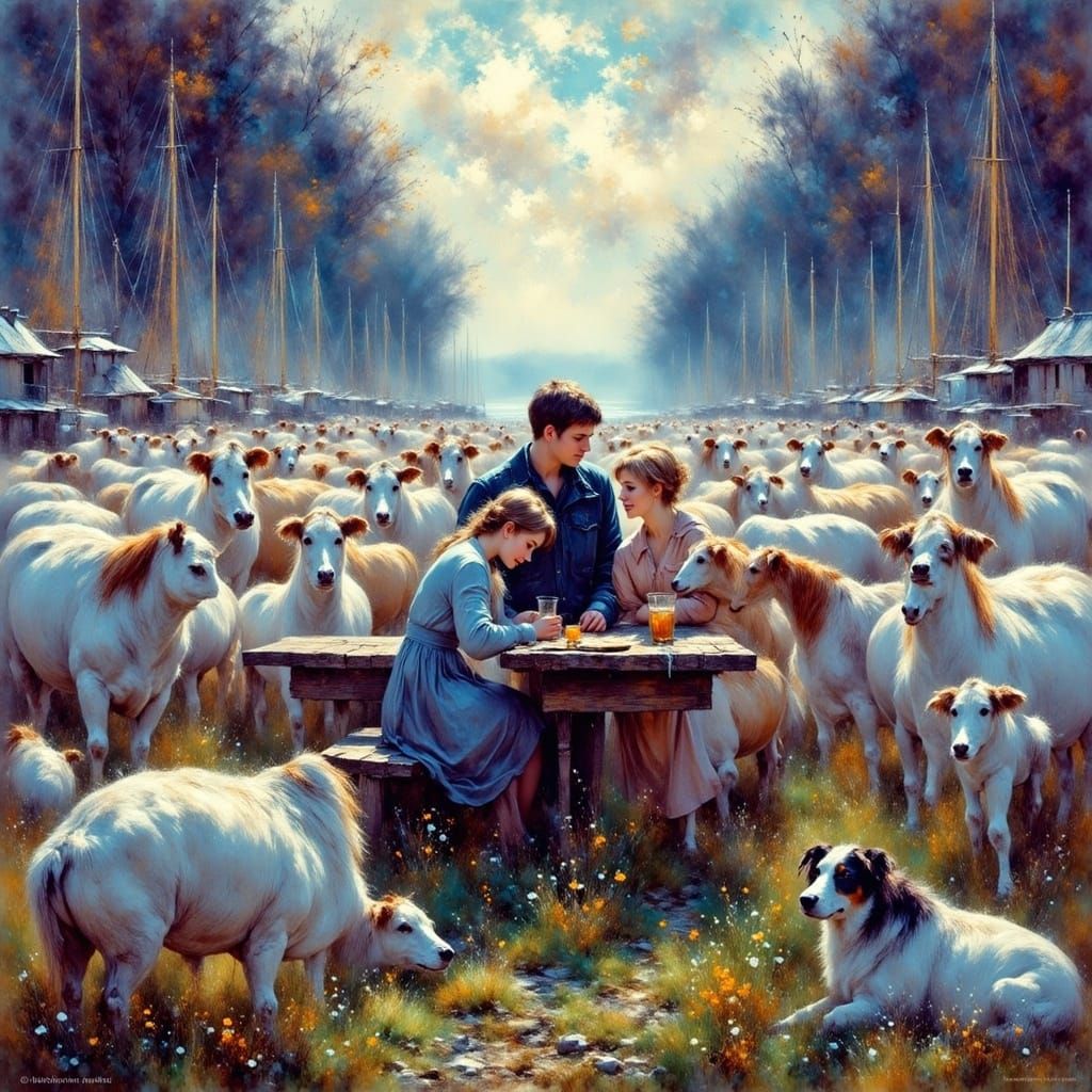 Romantic Embrace in Barn, Nicolai Astrup Style