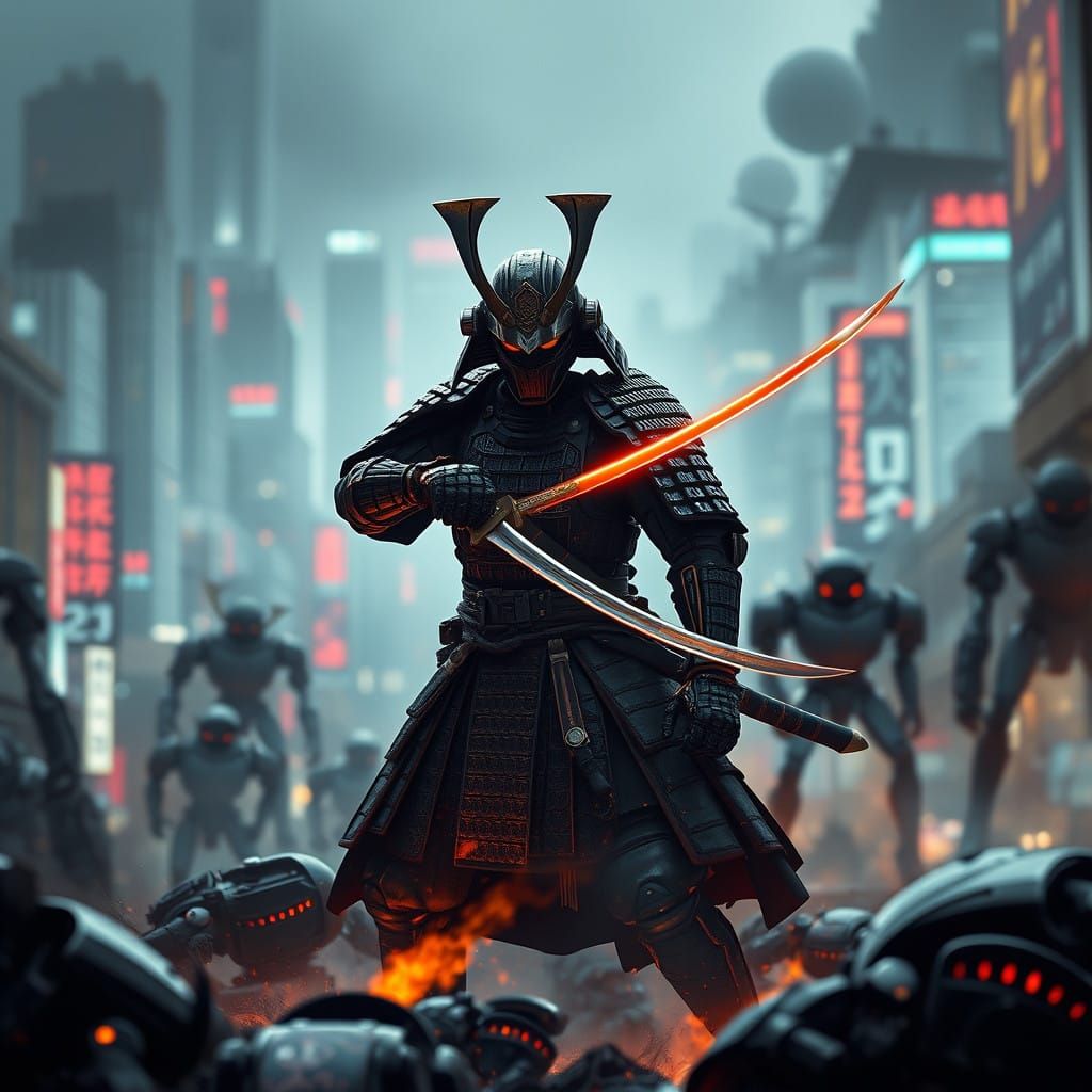 Samurai in Dystopian Cityscape