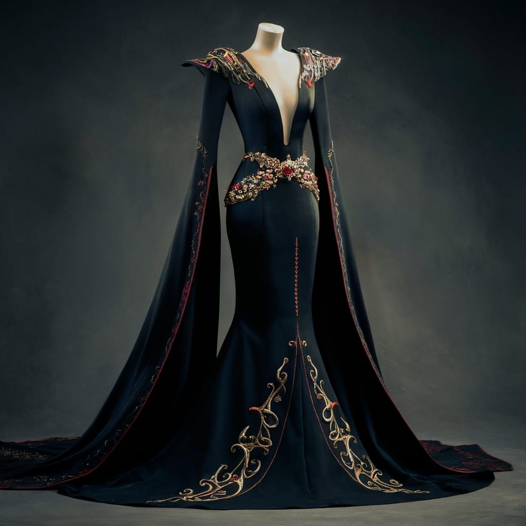 Elegant Black Elvish Dress with Red Accents