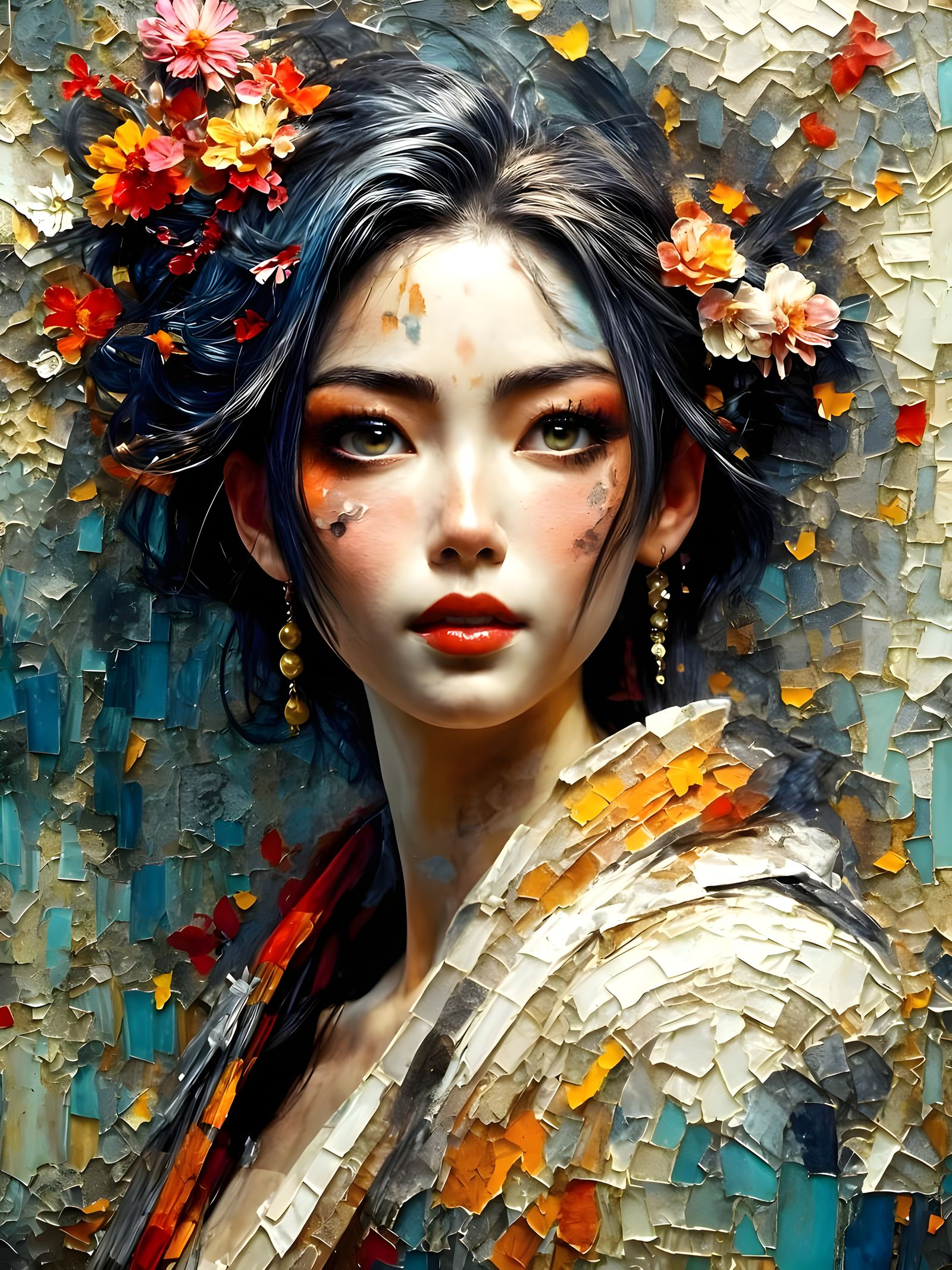 Geisha with Rising Sun in Impasto Style