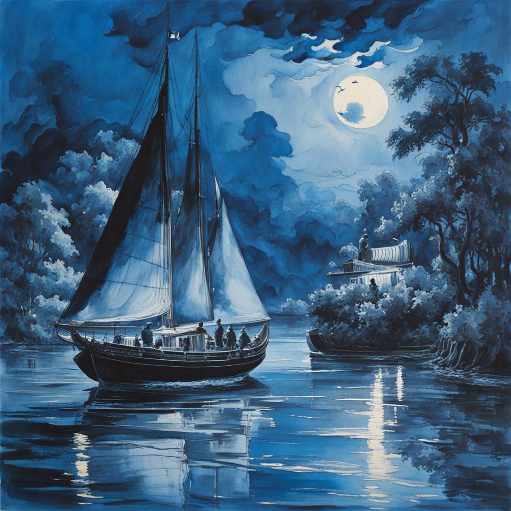 Cerulean Night Sailing: Ink and Wash Monochromatic