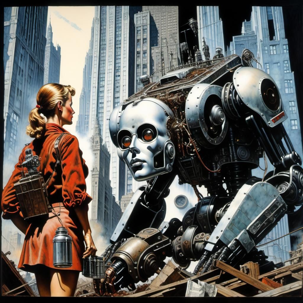 Sarah Connor and Robot Butler in Retrofuturist City