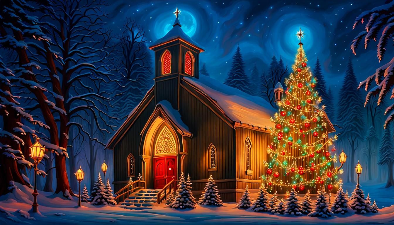 Christmas at Rustic Church in Retrofuturist Style