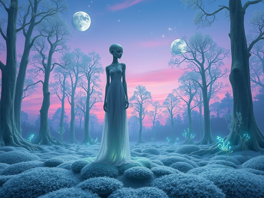 Elegant Alien Women in Bioluminescent Landscape