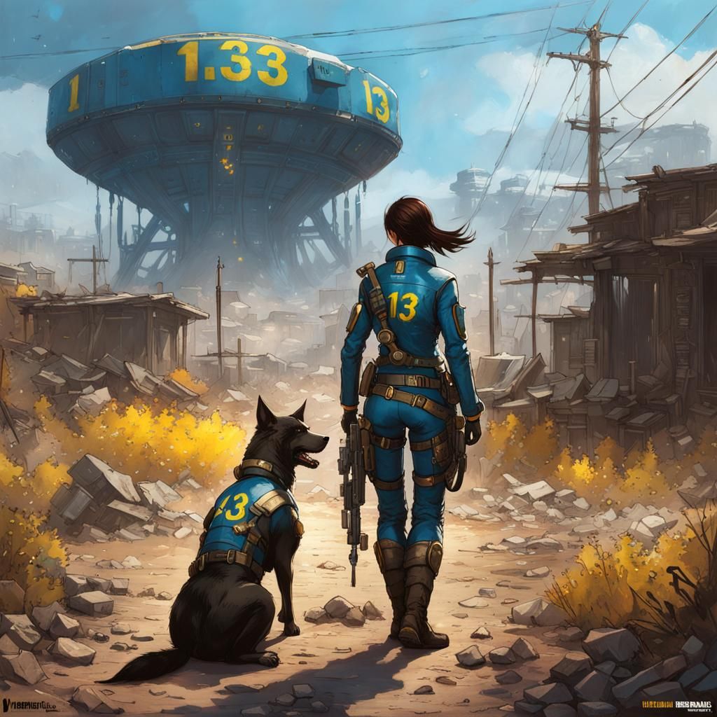 Wasteland Traveler with Dogmeat in Vault-Tec Suit