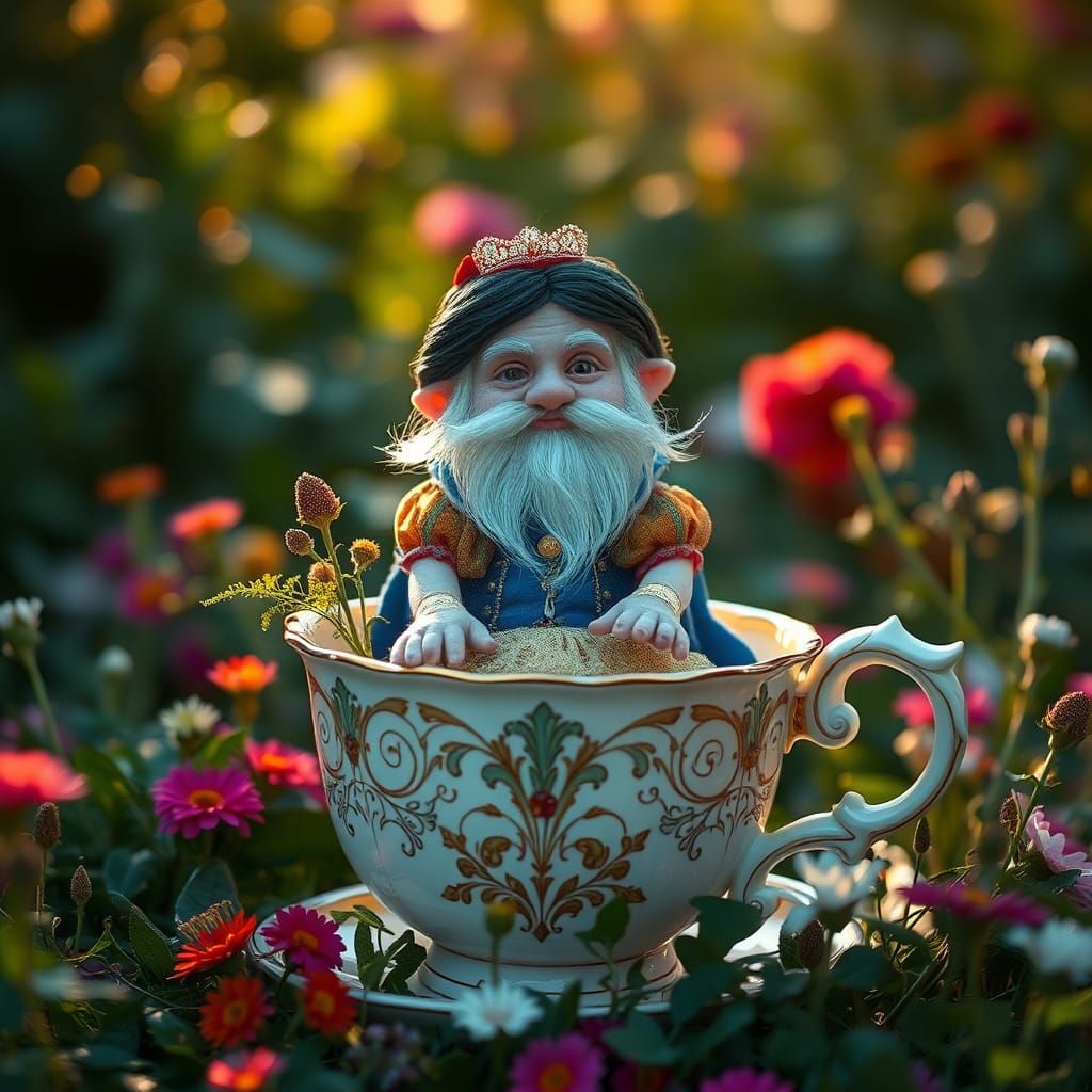 Miniature Grumpy in Teacup, Golden Hour Lighting