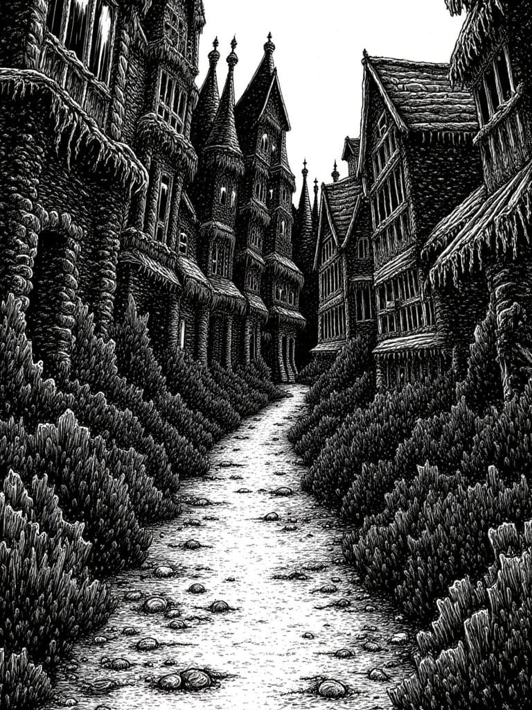 A path in the ominous suburbs of an ancient town