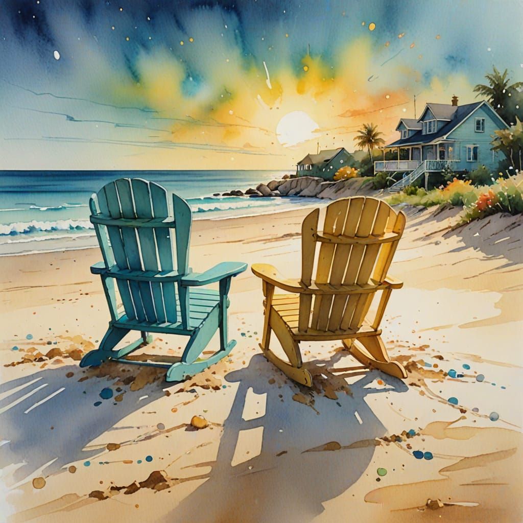 Dreamy Beach Scene with Rocking Chairs in Watercolor