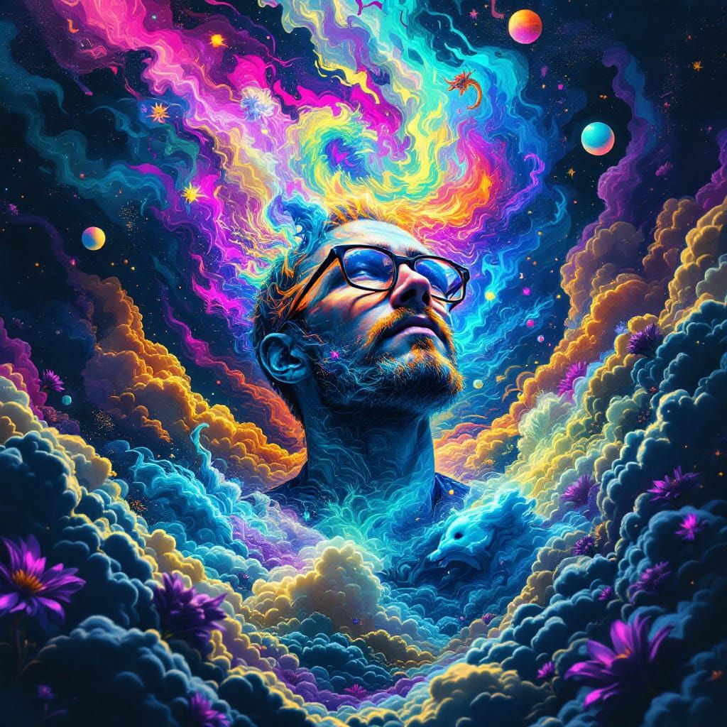 Man Experiencing Multiple Realities in Dreamlike Art