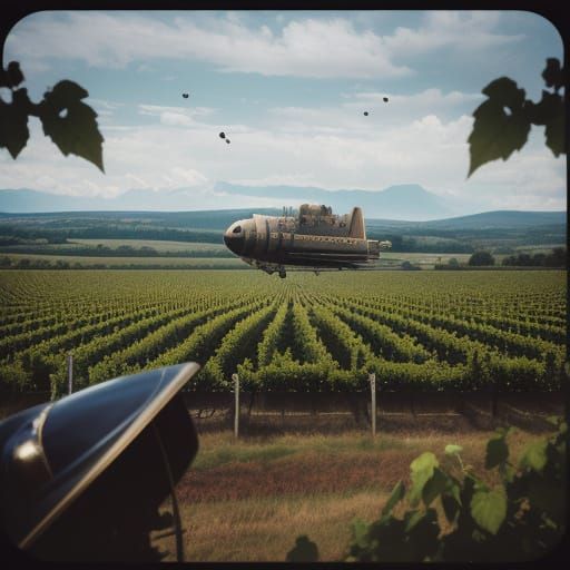 Steampunk Dirigible Over Vineyard in Cinematic Style