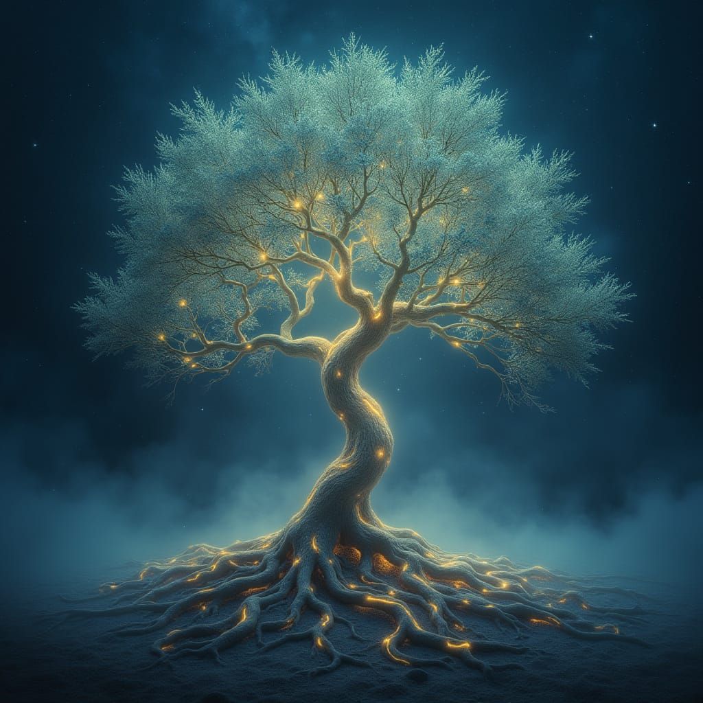 Ethereal Tree with Cosmic Roots in Digital Art