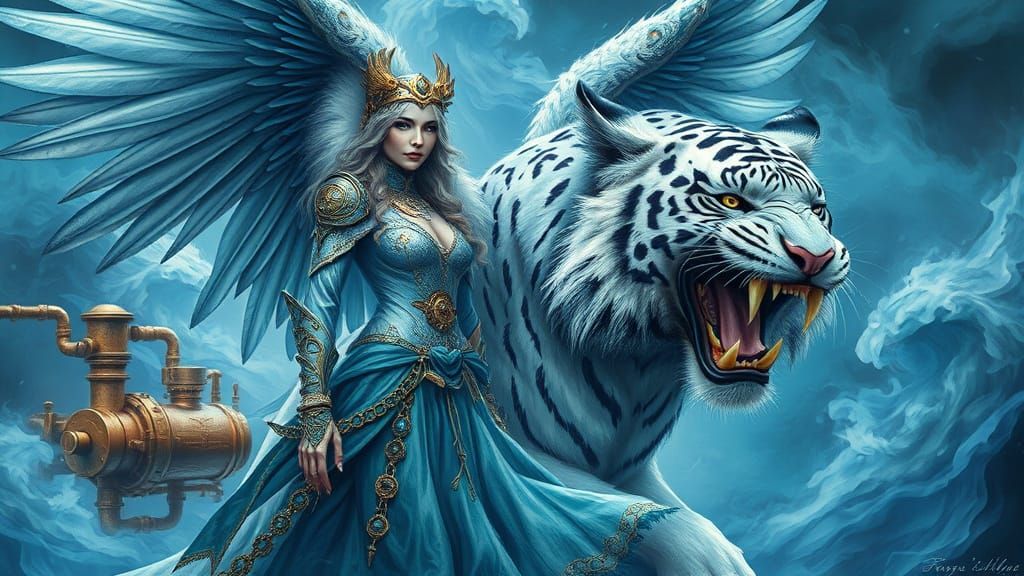 Steampunk Fantasy Masterpiece: Eagle-Winged Woman and Sabert...