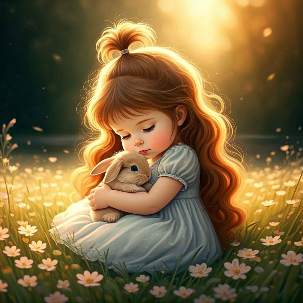 Princess with Bunnies in Sun-Drenched Meadow