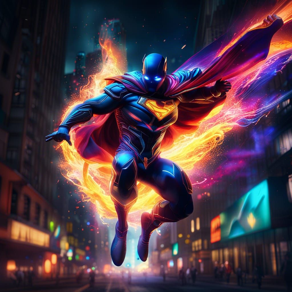 Superhero in City at Night with Magical Flames