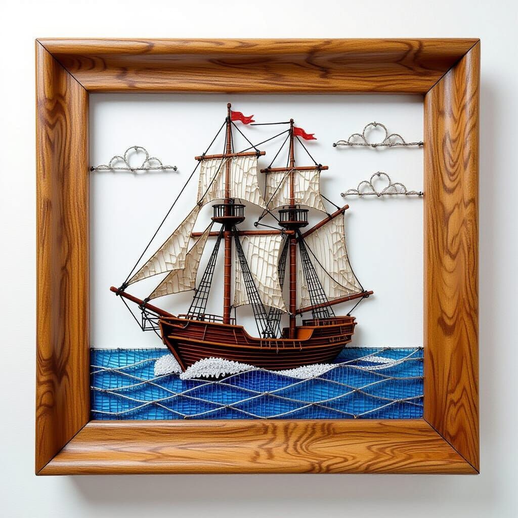 Wire Windjammer Sailing Ship in Wooden Frame