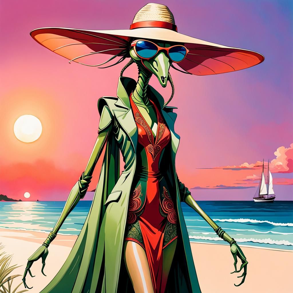 Praying Mantis Model on Beach at Sunset