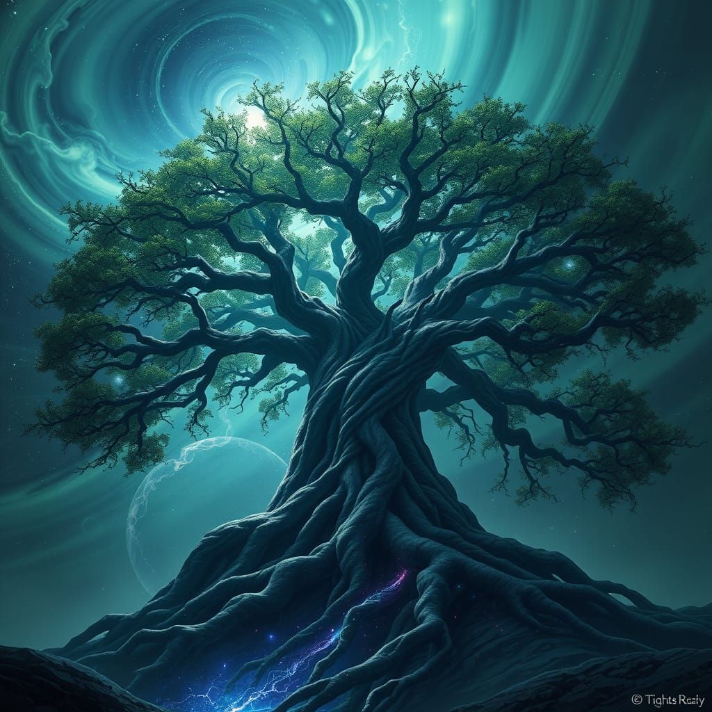Colossal Ancient Tree in Starry Abyss with Aurora