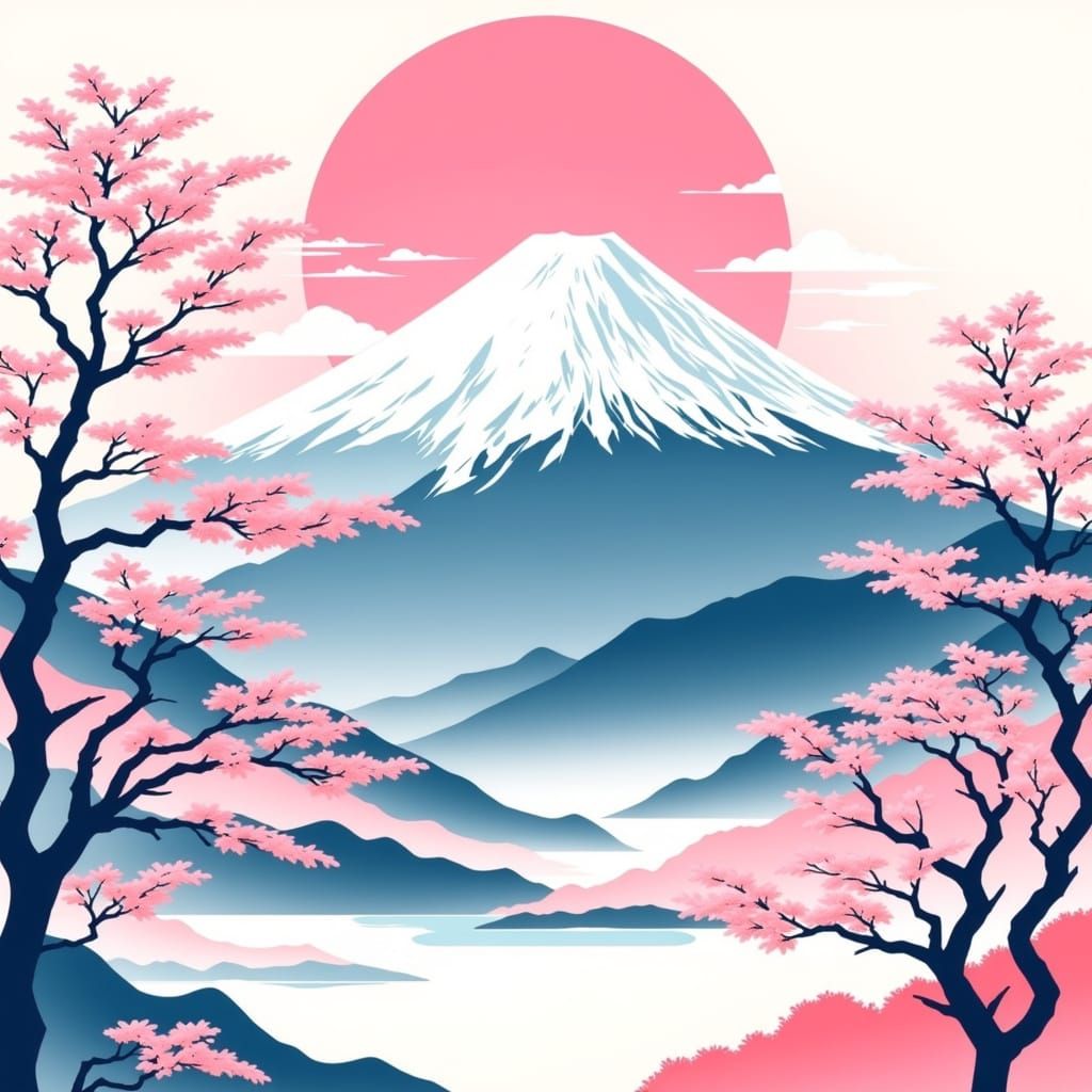 Serene Japanese Landscape with Snow-Capped Peak and Cherry B...