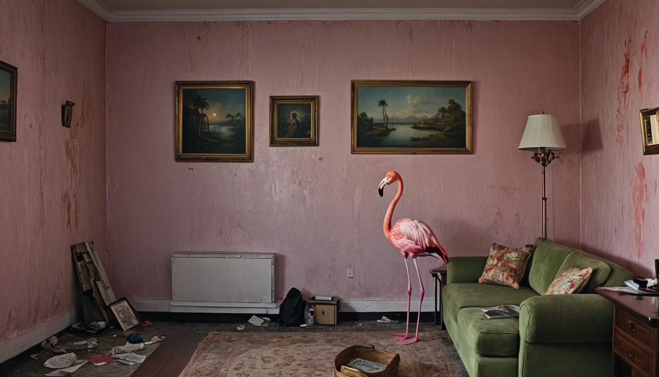 Forlorn Flamingo in Gloomy Hotel Room