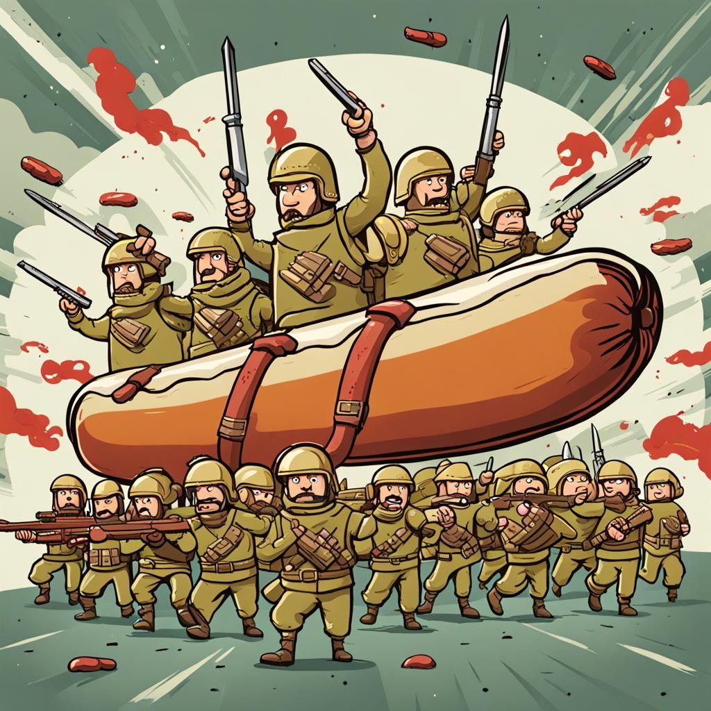 Cartoon Hot Dog Army Ready for War