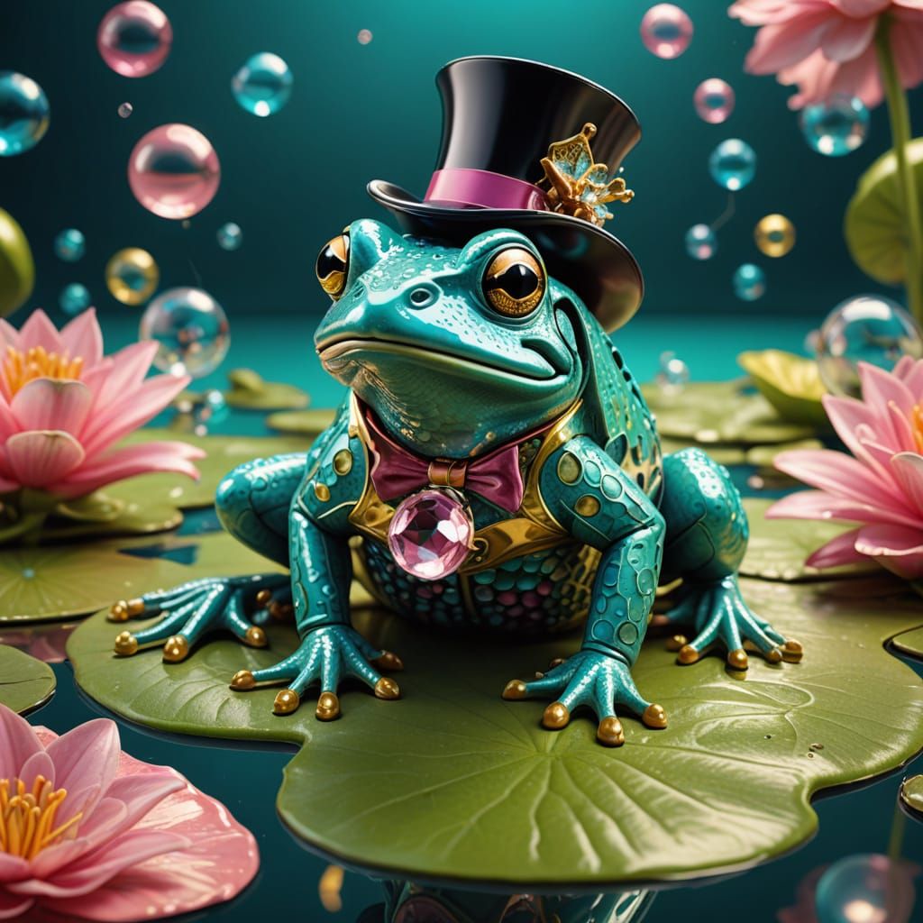 Turquoise Frog in Gold Attire Blows Pink Bubblegum Bubble