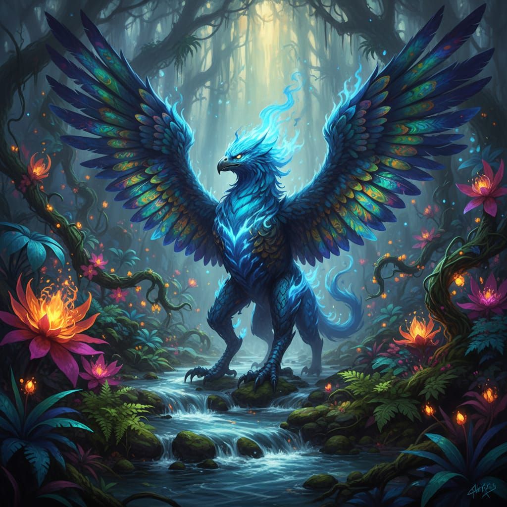 Blue Fire Griffin in Lush Tropical Riverbed