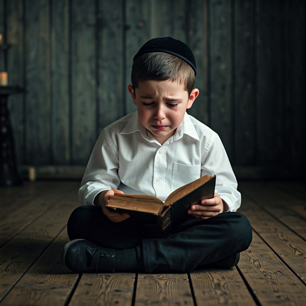 Young Boy Reading in Dimly Lit Room