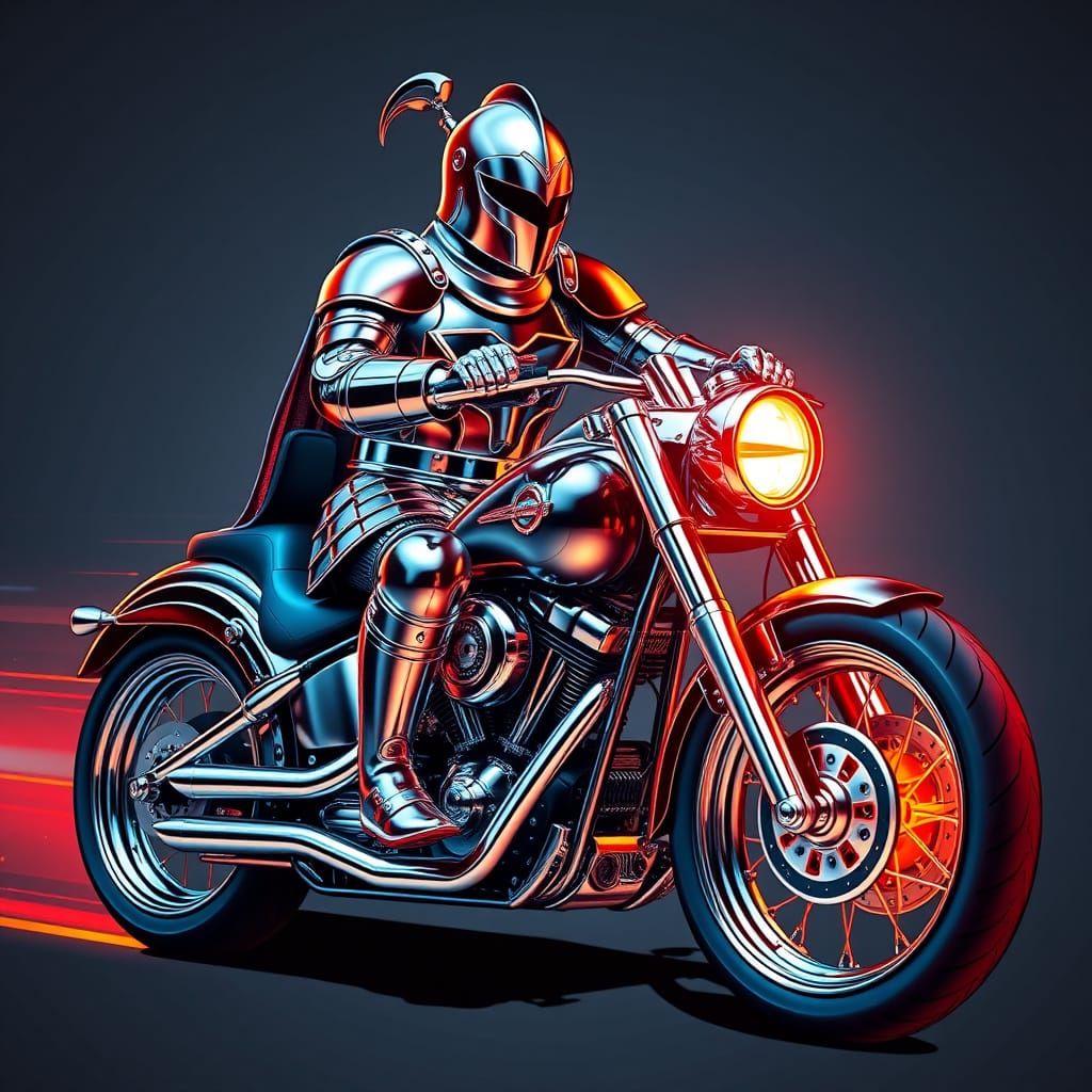 Cyberpunk Knight Rides Futuristic Motorcycle