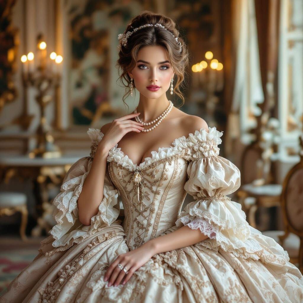 Elegant Woman in Rococo Salon with Ornate Gown