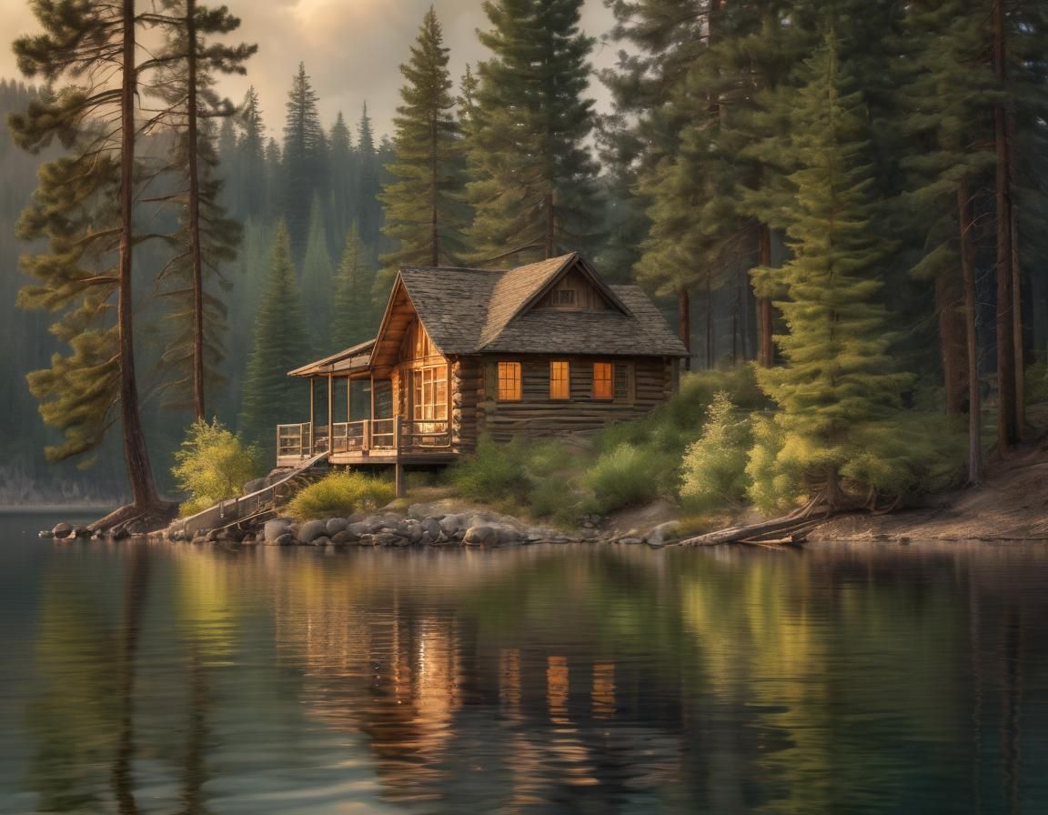 Idyllic Cabin on Okanagan Lake in Impressionism Style