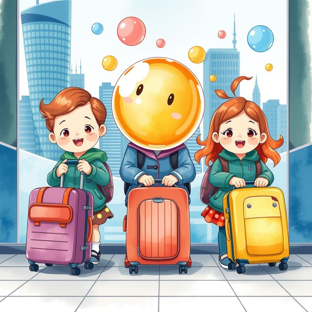 Cheerful Toddlers Depart from City in Whimsical Watercolour