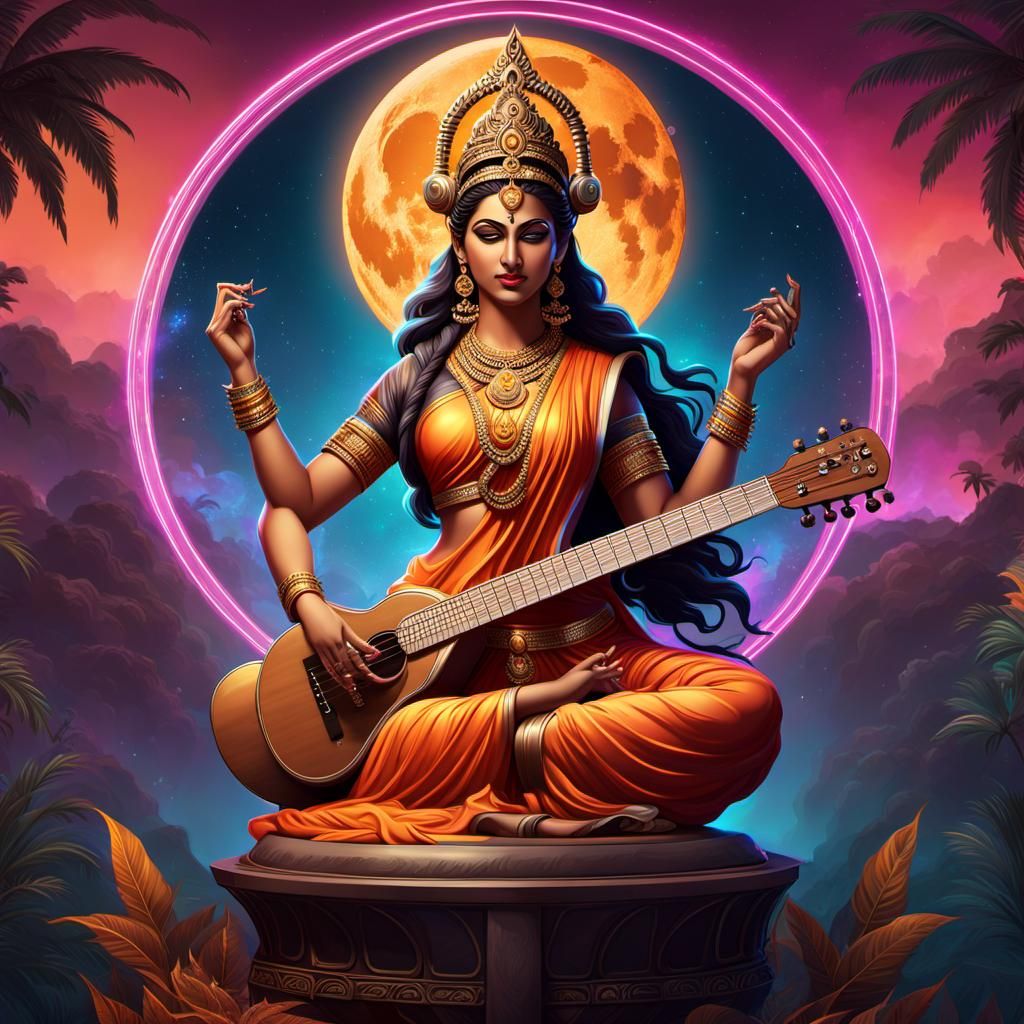 Saraswati with DJ Controller and Sitar in Dark Fantasy