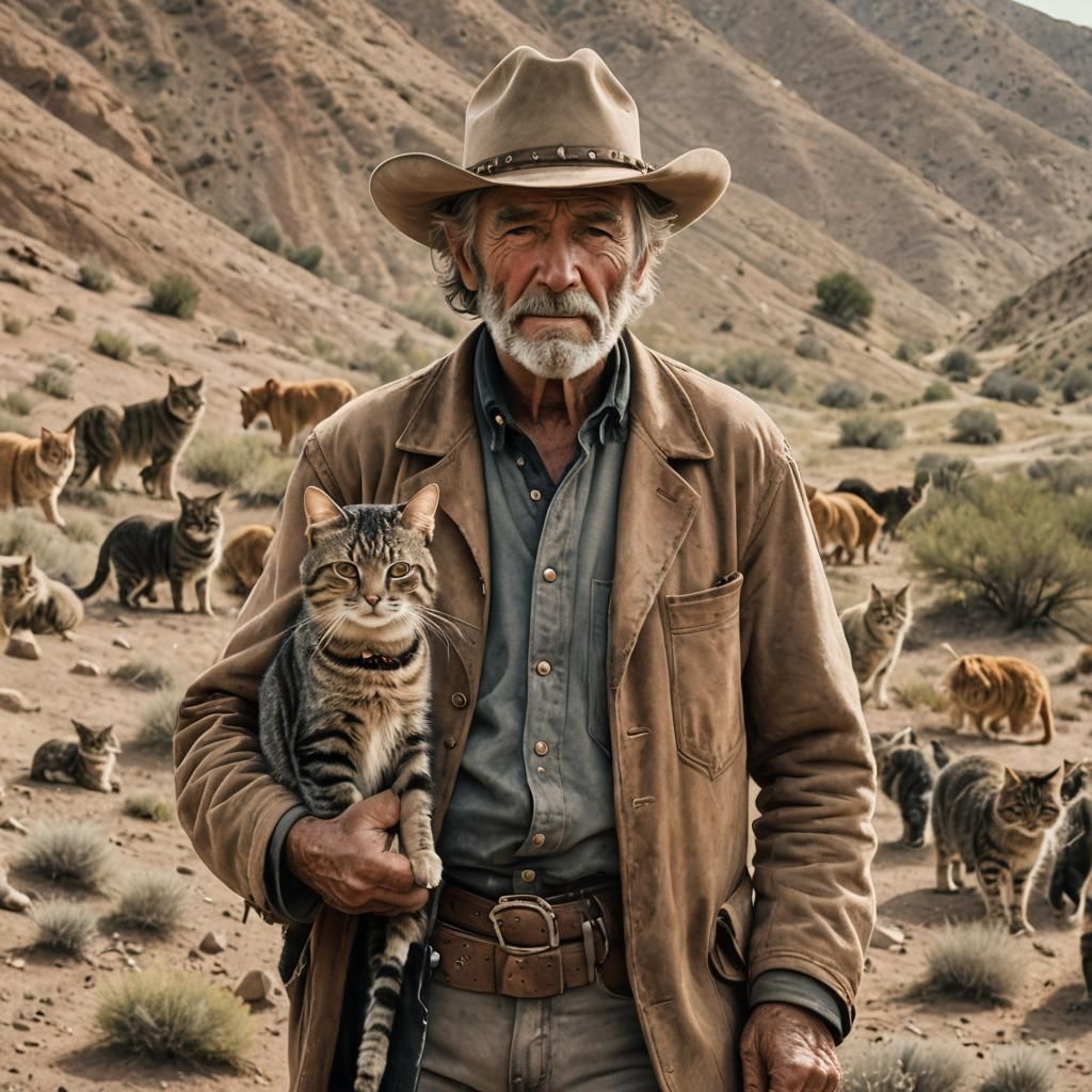 Cowboy's Feline Companion: A Dusty Hillside Scene