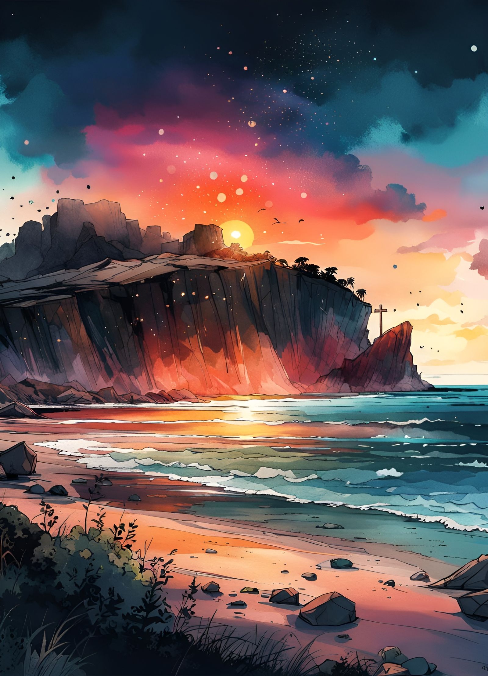 Rocky Coastline Beach Sunset in Watercolor Anime Style