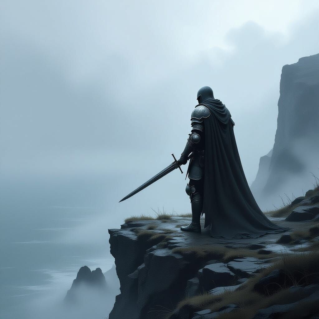 Knight on Cliff Overlooking Misty Sea in Dark Fantasy Style