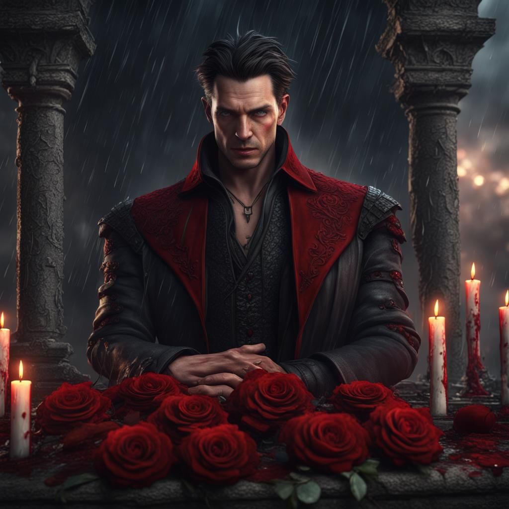 Gothic Vampire with Rose in Stormy Ruins