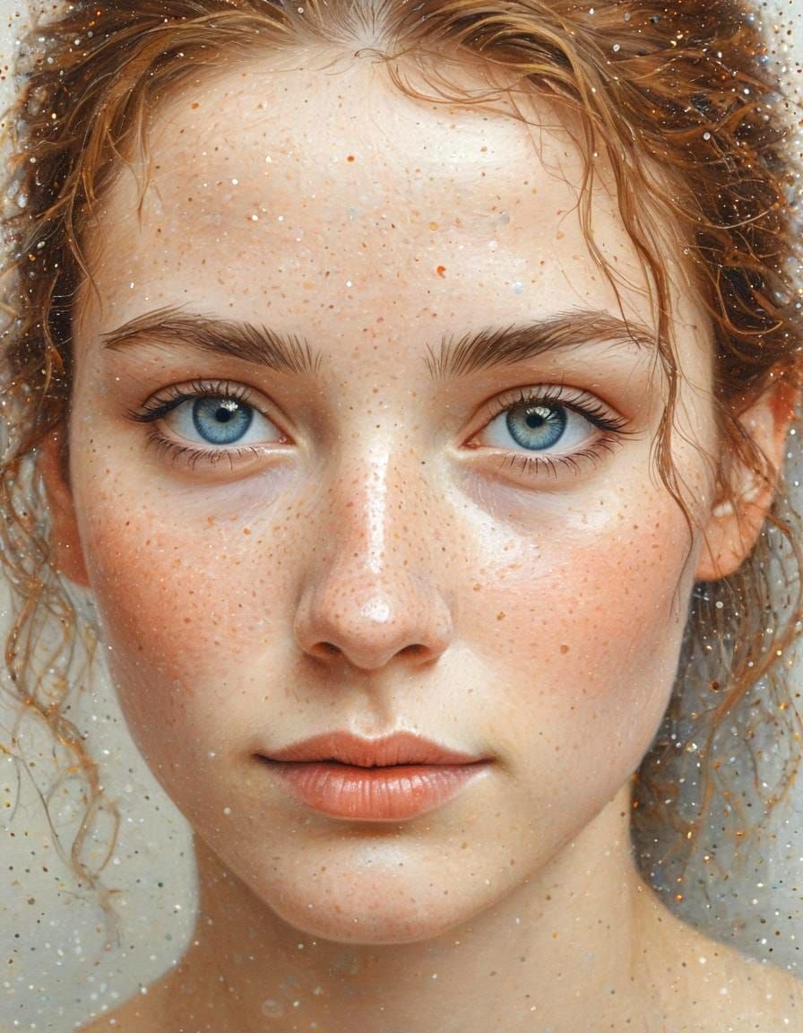 Pointillist Portrait of Serene Face in Soft Light