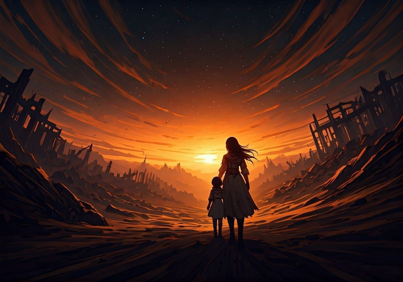 Surreal Post-Apocalyptic Goddess and Innocent Wander Through...