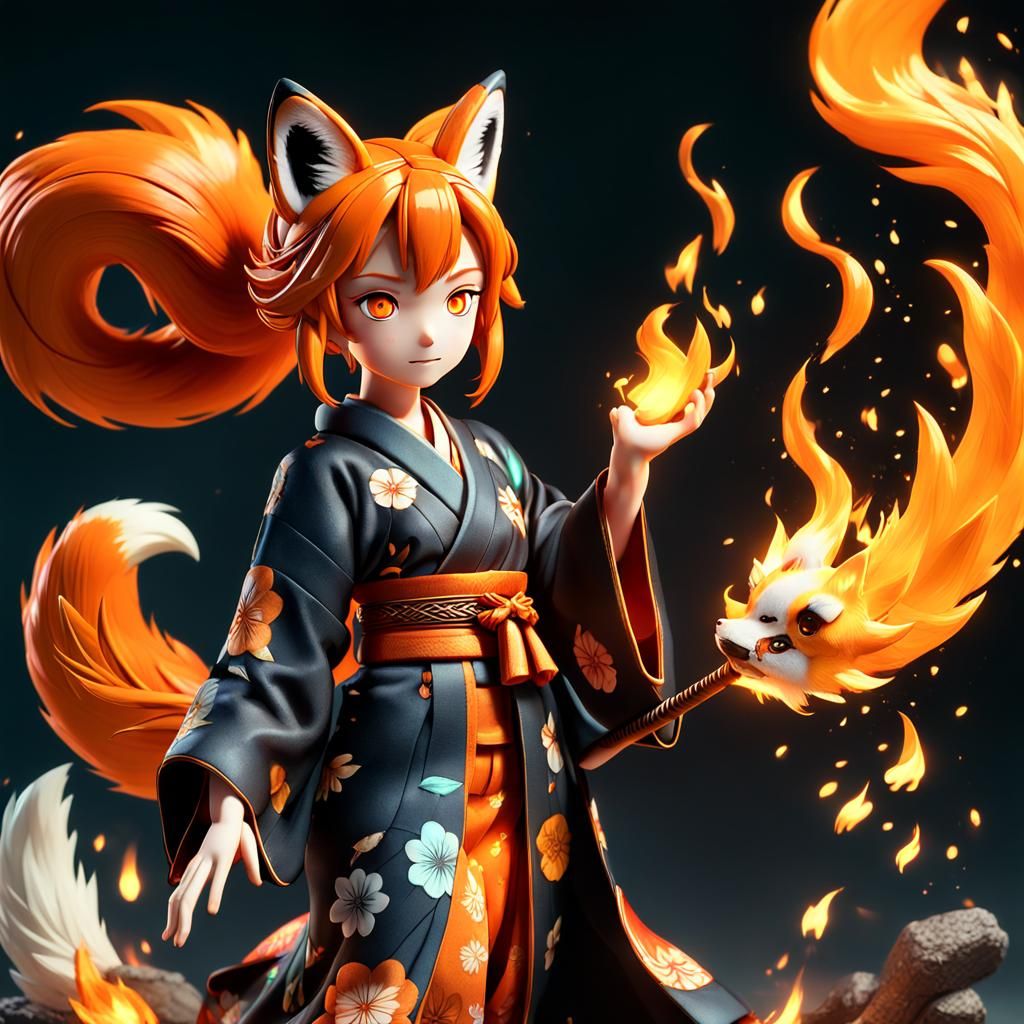Anime Fox Girl Figurine with Fiery Kimono