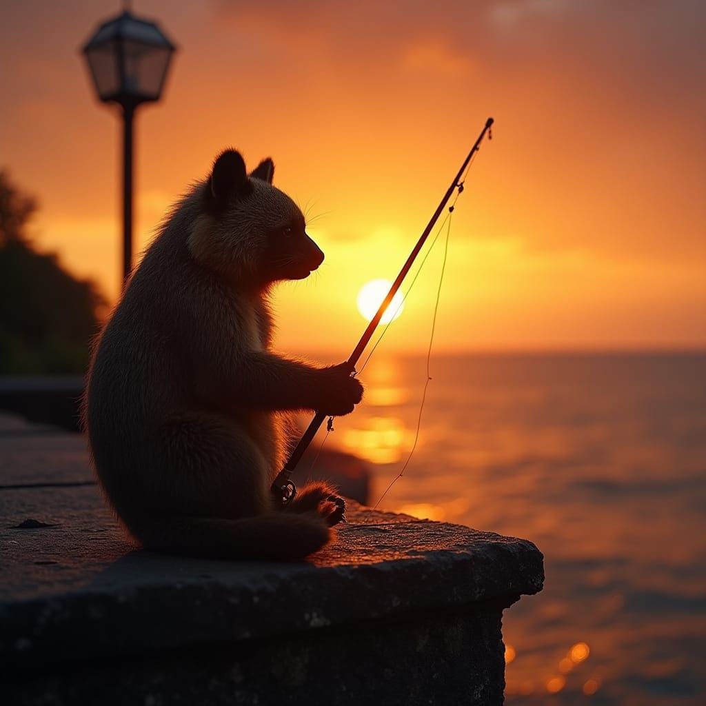Tanuki Fishing at Sunset: Dramatic Wildlife Photography
